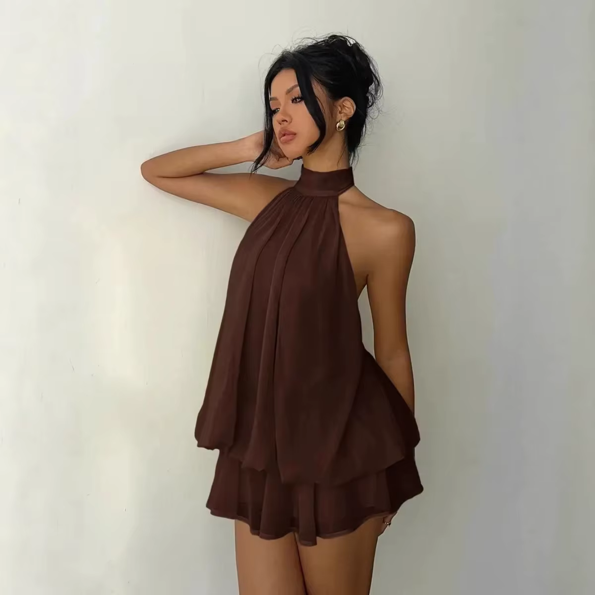Robe licou pour femme, dos nu, en mousseline transparente, mini-jupe à nouer devant, robe de soirée 