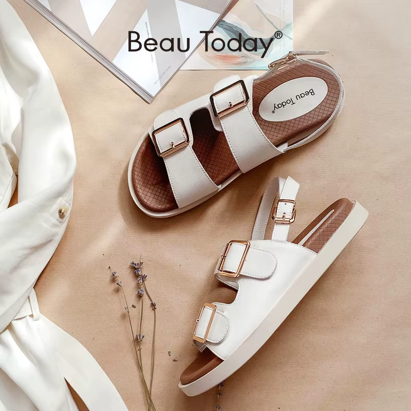 BEAU TODAY-Sandales décontractées en cuir de vache pour femmes, chaussures de sport à talons bas, fa