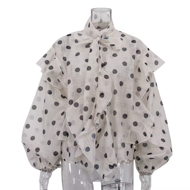 Nouvelle Blouse Femme Élégante Beige Imprimée 2026, Décontractée, Col à Lacets, Manches Bouffantes, 