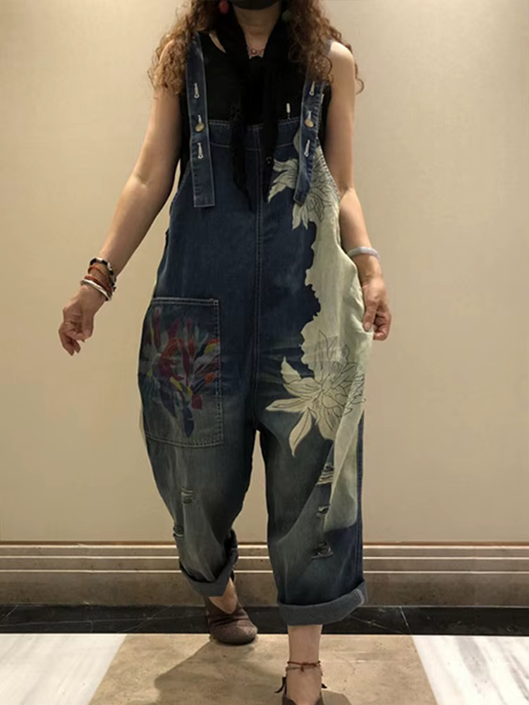 Amax luluE 2025 mode coréenne printemps femme imprimé Denim salopette dames Vintage Jeans décontract