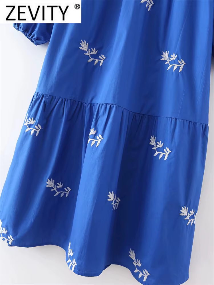 Zevity-Robe Mi-Longue Brodée Florale pour Femme, Vêtement à Plis, Décontracté, Bleu, Col Montant, Ma