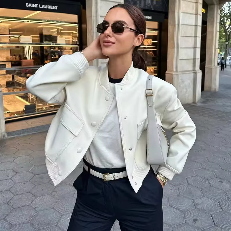 HXAO femme Bomber veste manteau blanc automne hiver bouton Baseball aviateur recadrée vestes pour fe