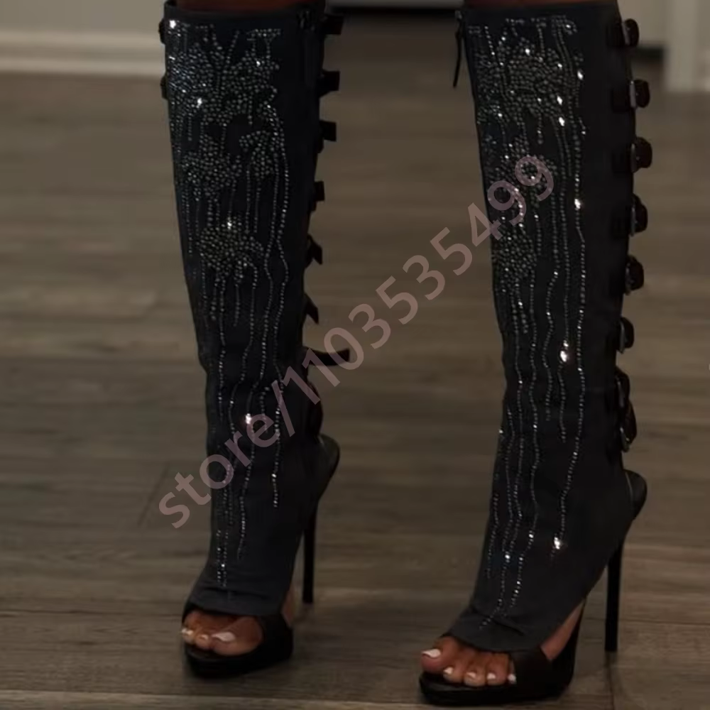Bottes de mollet noires avec boucle de ceinture en strass, nouveau modèle Sexy pour dames, talons ai