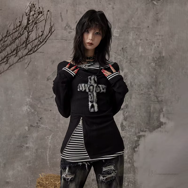 Karrcat Grunge esthétique faux deux pièces hauts Trashy Y2k à manches longues tricoté hauts Wastelan