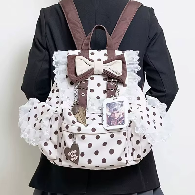 Sac à dos Preppy à pois avec nœud décoratif en dentelle, plusieurs poches, grande capacité, sac simp