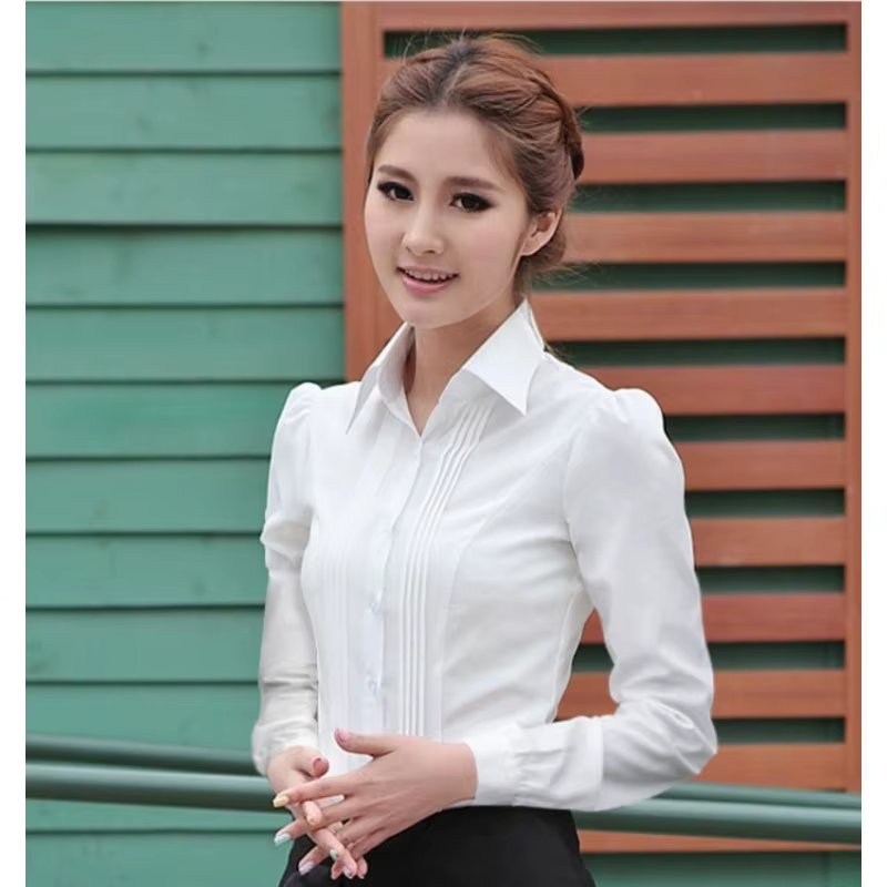 Chemisier de bureau blanc élégant pour femmes, coupe cintrée, manches longues, chemise boutonnée, St