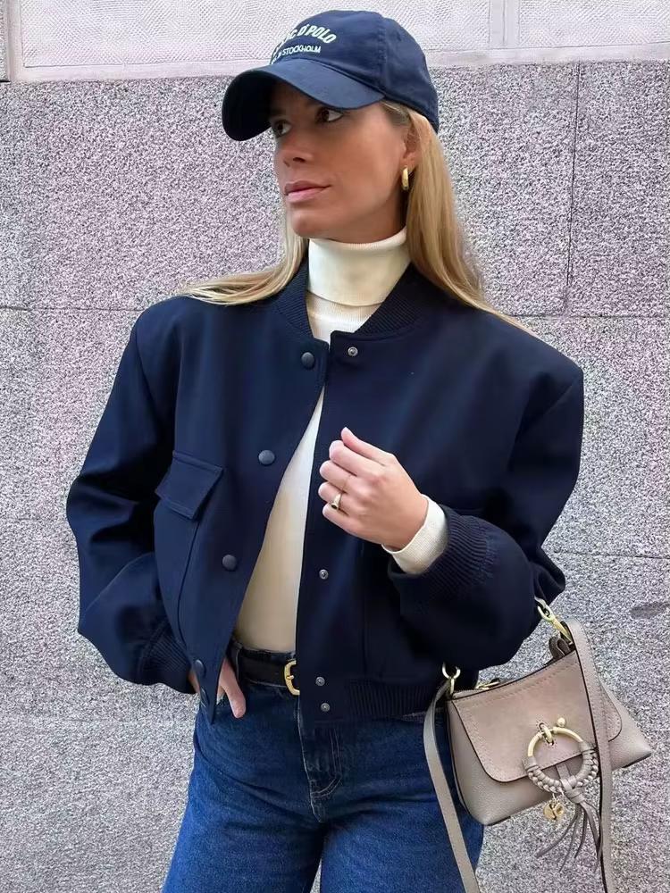 Femmes mode avec poches Bomber veste manteaux Vintage à manches longues bouton avant décontracté vêt