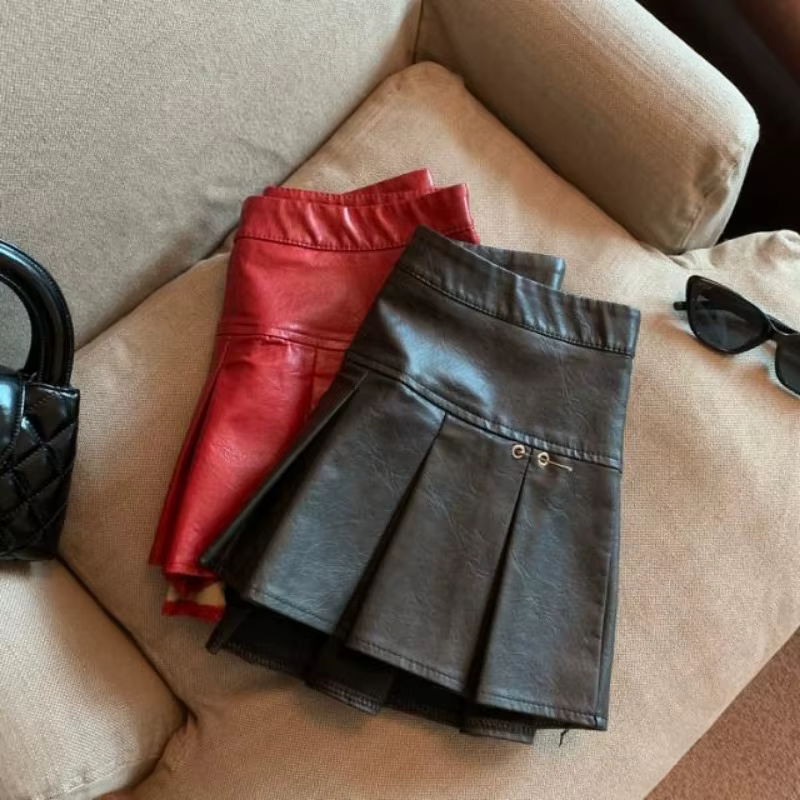Jupe plissée en cuir PU américain pour femmes, Mini jupe Slim taille haute, rouge et noir