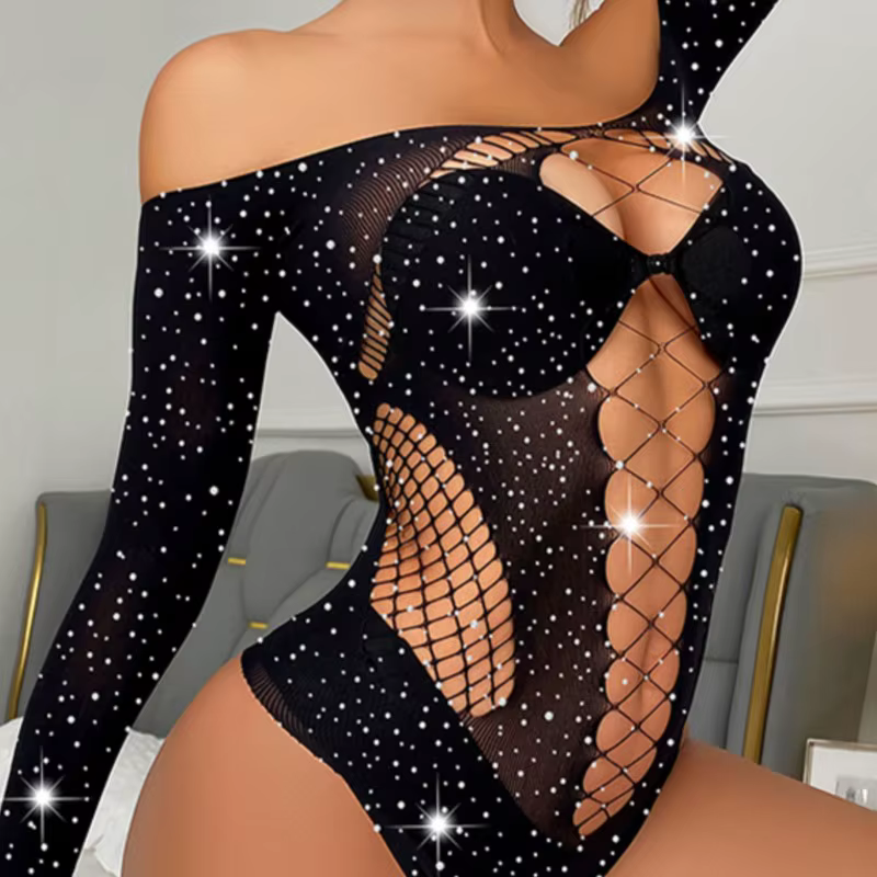 Vêtements transparents Sexy avec strass brillants, Body ajouré en résille, manches longues, dos nu, 