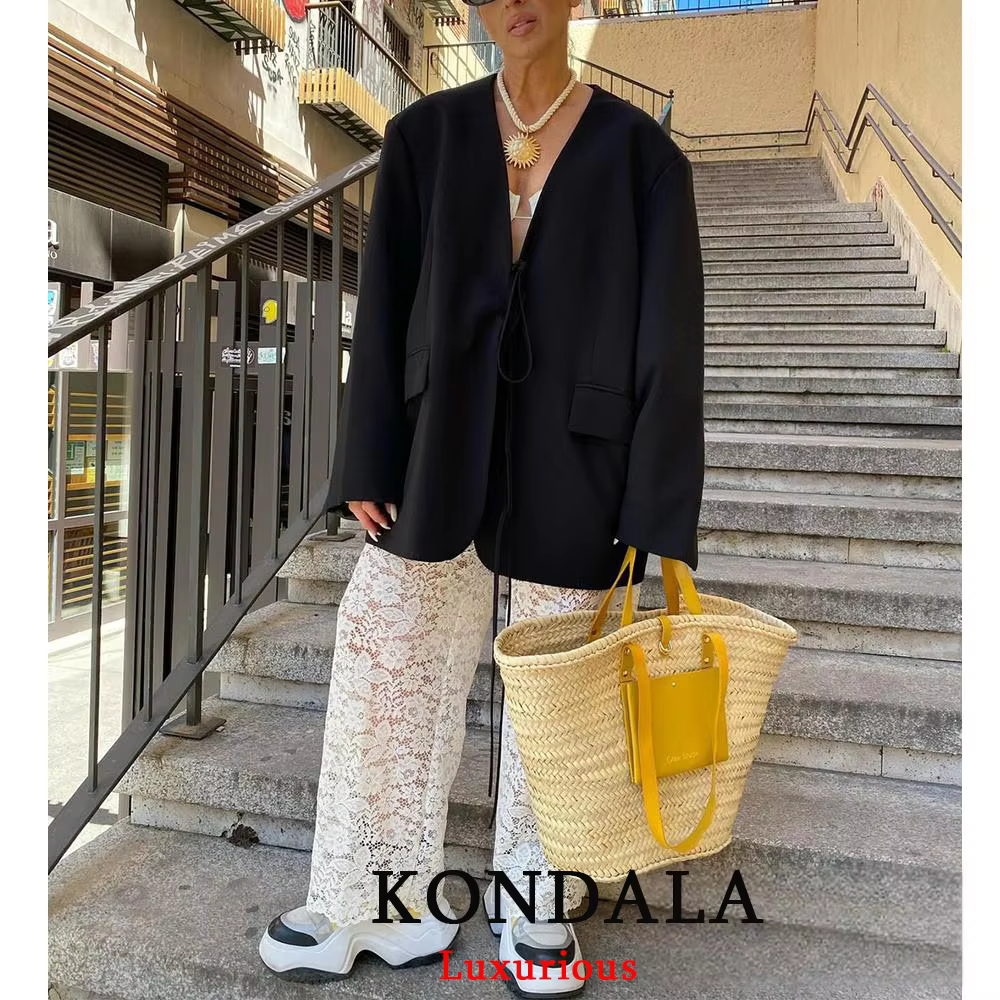 KONDALA décontracté surdimensionné noir Blazer femmes col en V nœud papillon poches vestes amples mo