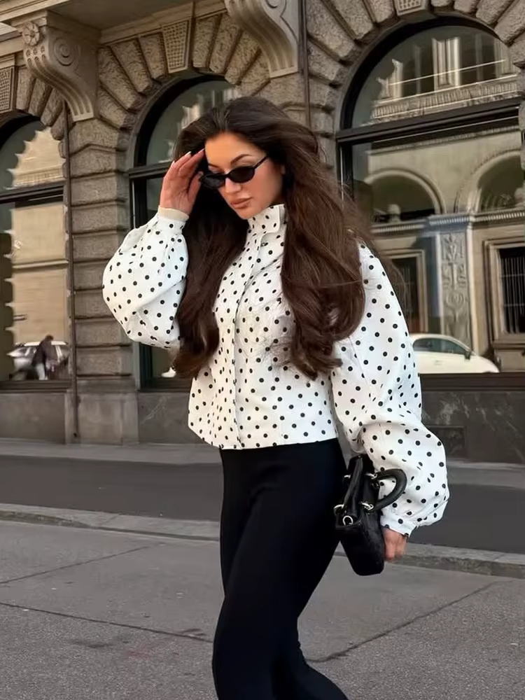 Blouson Bomber Femme Tendance à Pois, Veste Longue Ample à Manches Longues pour le Printemps, Mantea