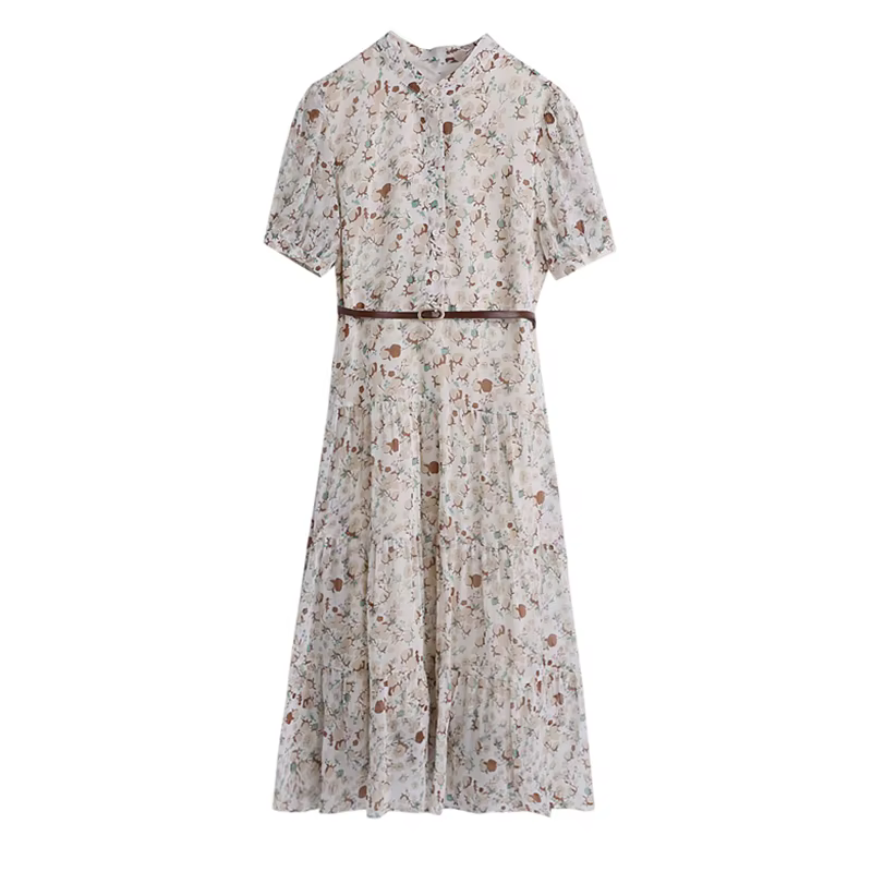 Robe mi-longue en mousseline de soie à fleurs pour femmes, manches courtes, mode décontractée, robe