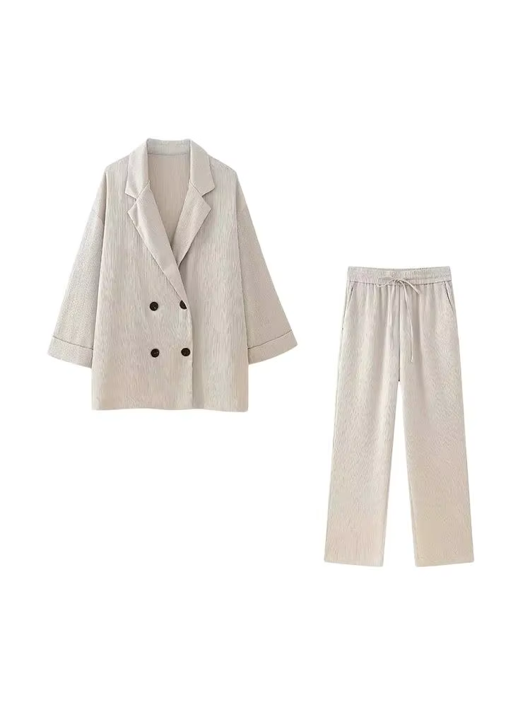 Manteau Blazer ample à Double boutonnage pour femmes, pantalon à jambes larges à taille haute élasti