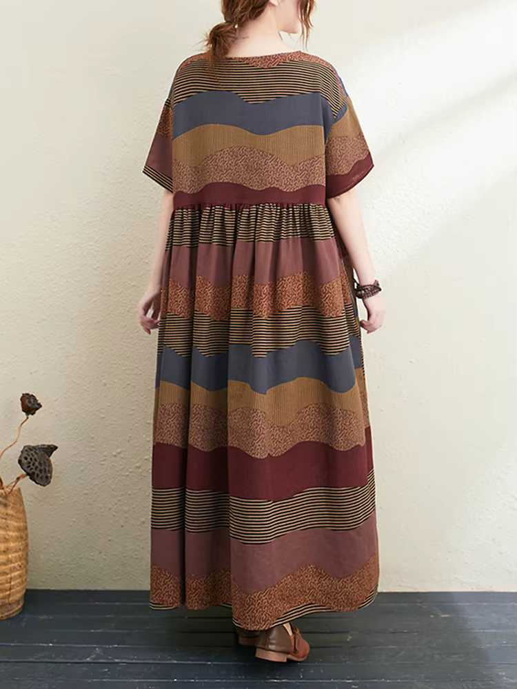 Nouvelle Robe Longue d'Été 2026 en Coton et Lin à Manches Courtes, Imprimé Rayé Vintage, Élégante po