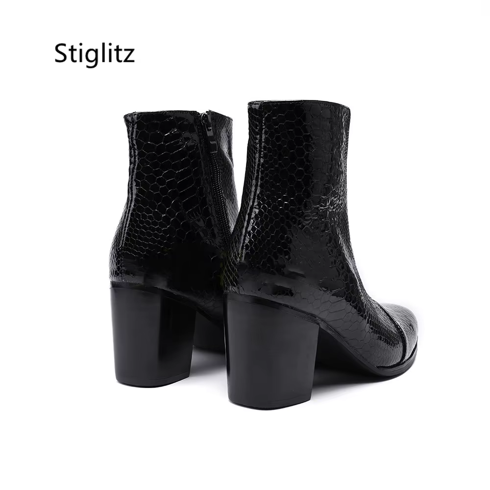 Bottines en cuir véritable pour hommes, noir et rouge, talons hauts de 8Cm, motif serpent rétro, bou