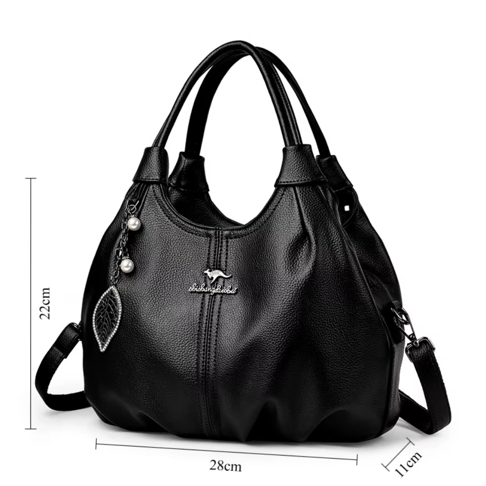 Sac à main hobo en cuir de litchi souple, sac à bandoulière 3 couches avec pendentif feuille de perl