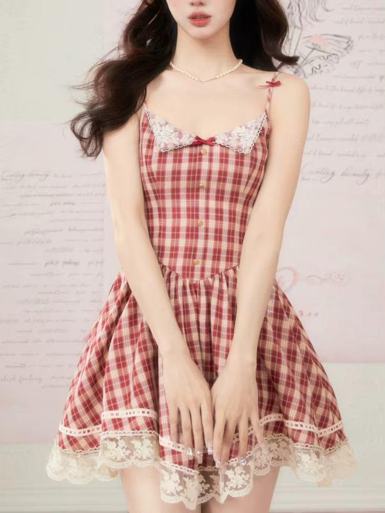 Mini robe d'été à carreaux pour femmes, bretelles spaghetti, nœud Kawaii, dentelle, dos nu, style fr