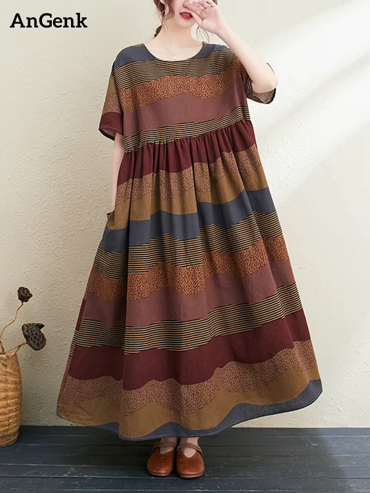 Nouvelle Robe Longue d'Été 2026 en Coton et Lin à Manches Courtes, Imprimé Rayé Vintage, Élégante po