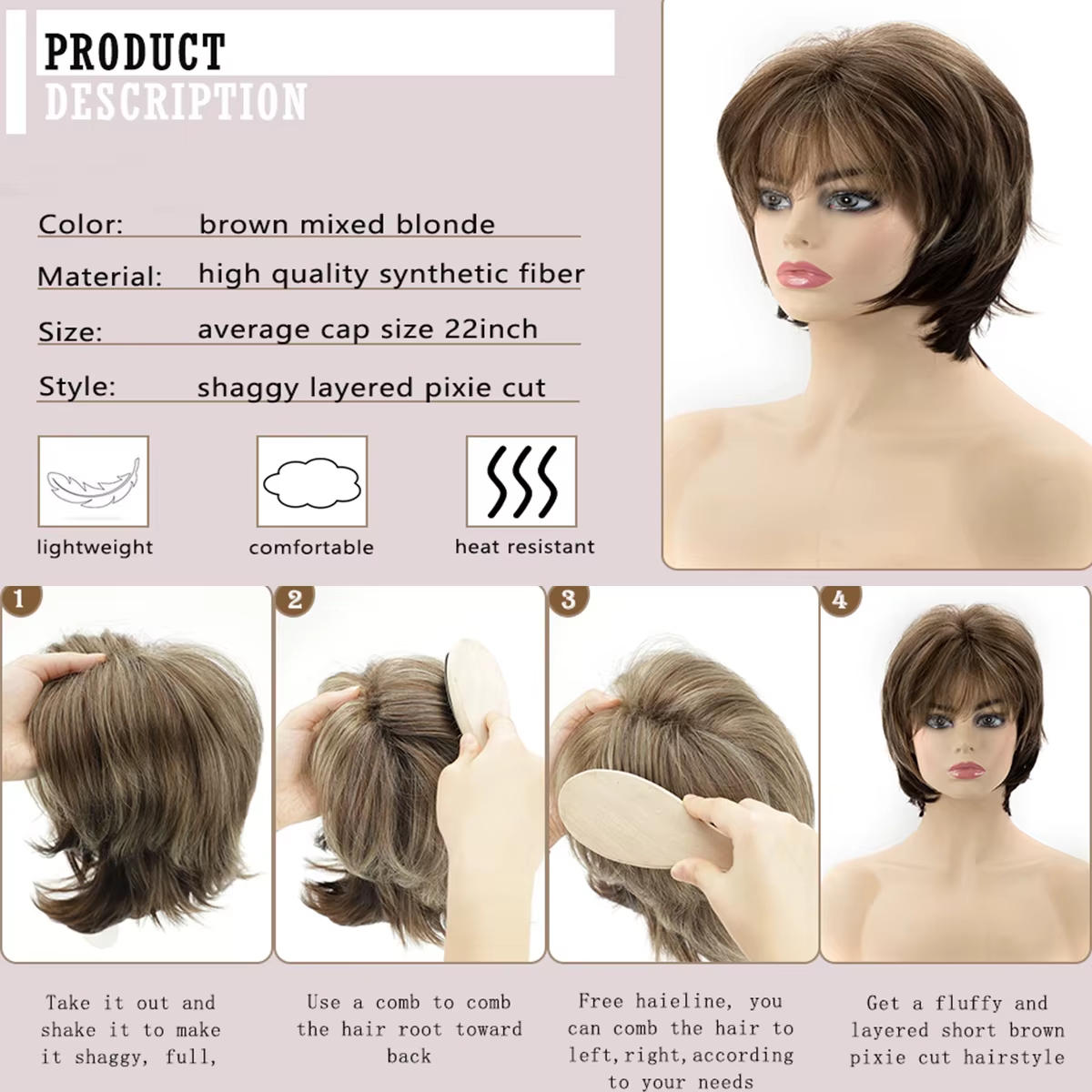 Short marron pour femmes blanches, coupe Pixie superposée avec reflets blonds, cheveux synthétiques 