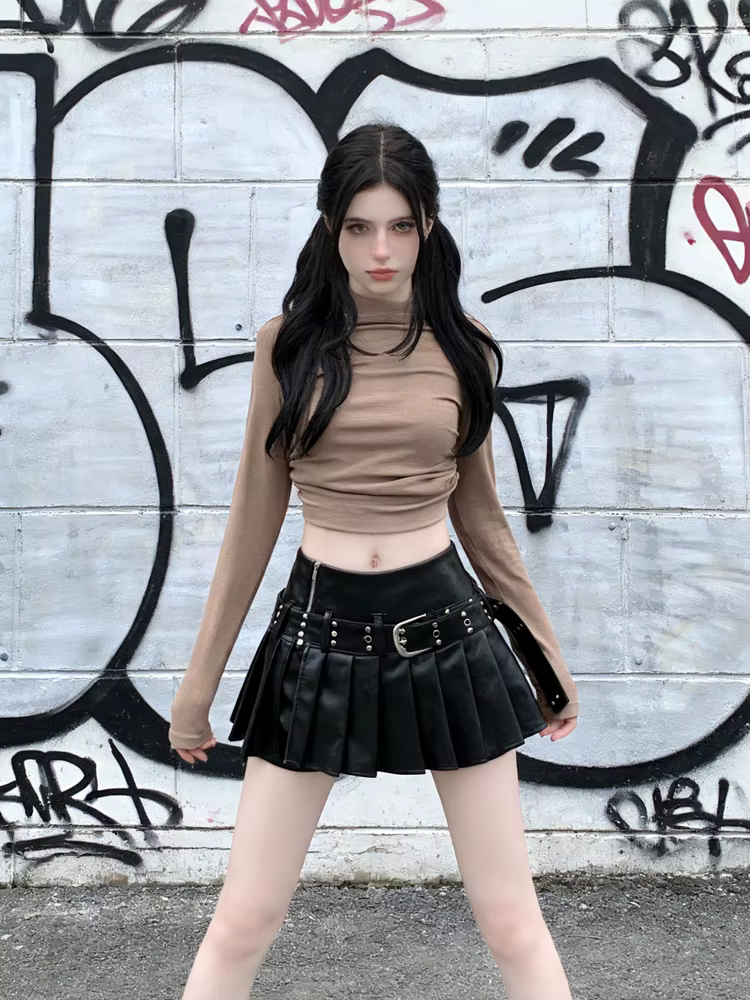 Jupe trapèze gothique noire en cuir plissé pour femmes, Mini short Y2k, jupe Emo coréenne Harajuku, 