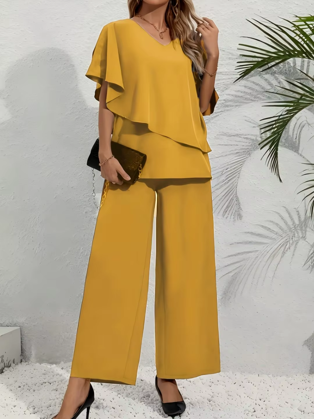 Ensemble 2 pièces pour femmes grandes tailles - Haut à manches bouffantes multicolores à col en V + 