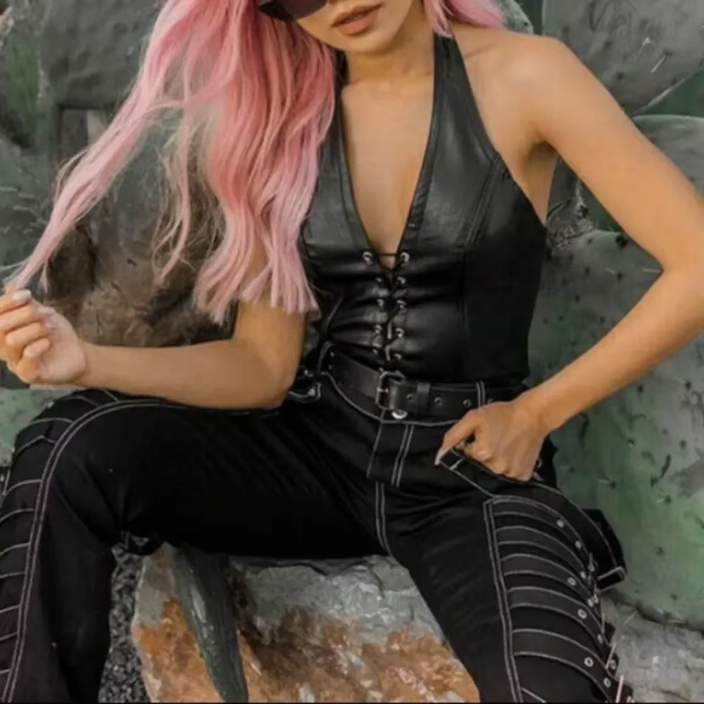 Débardeur Sexy en cuir PU noir uni pour femmes, Y2k gothique à lacets, décolleté en V profond, vêtem