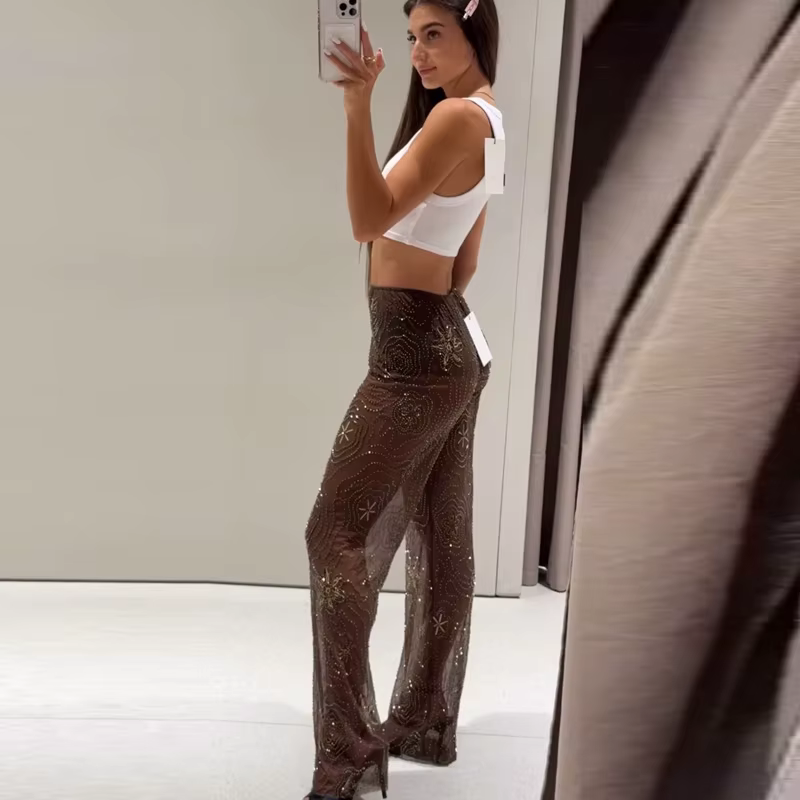 HXAO pantalons pour femmes printemps été 2025 perles marron pantalon paillettes translucides taille