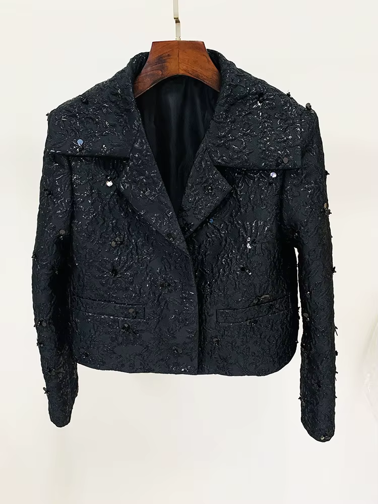 HIGH STREET Nouveauté 2026 Veste de créateur pour femme, style défilé, ornée de perles et de jacquar