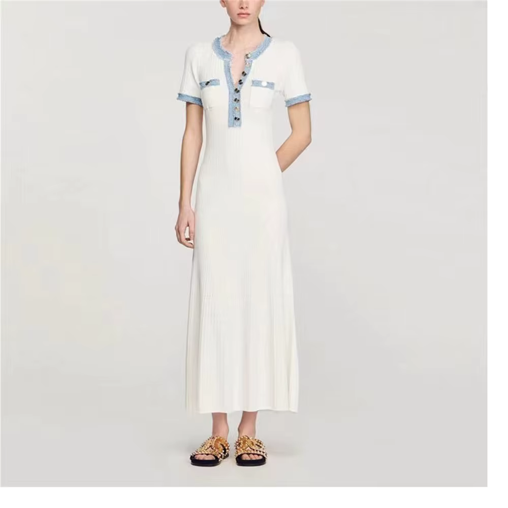 Robe Maxi en tricot pour femmes, élégante, contrastée, Chic, col rond, manches courtes, boutons méta