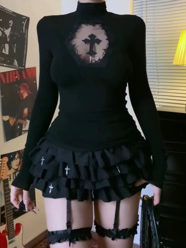 T-shirt col roulé Y2K noir gothique à croix évidée, coupe ajustée, manches longues, sexy, pour femme