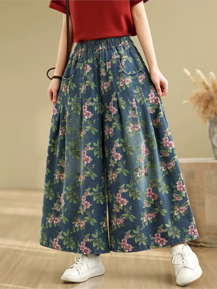 Jean surdimensionné printemps été fleur imprimé fleuri pantalon femmes jambe large Denim ample mode 