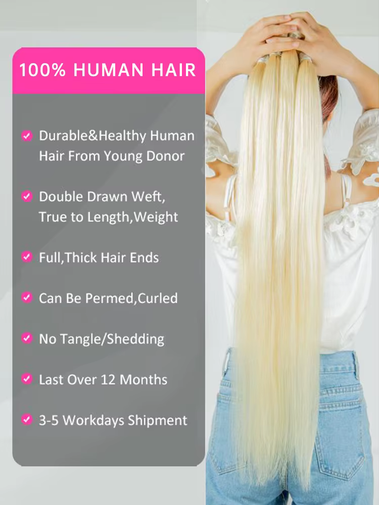 Tissage en lot brésilien Remy naturel lisse blond miel 613, extensions de cheveux, 8 - 40 pouces, ac