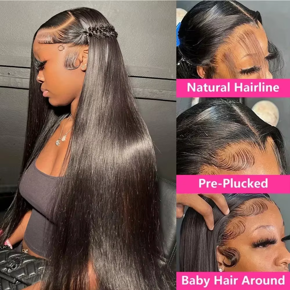 Perruque Lace Wig 360 Full Hd, cheveux naturels lisses, sans colle, avec cordon de serrage Invisible