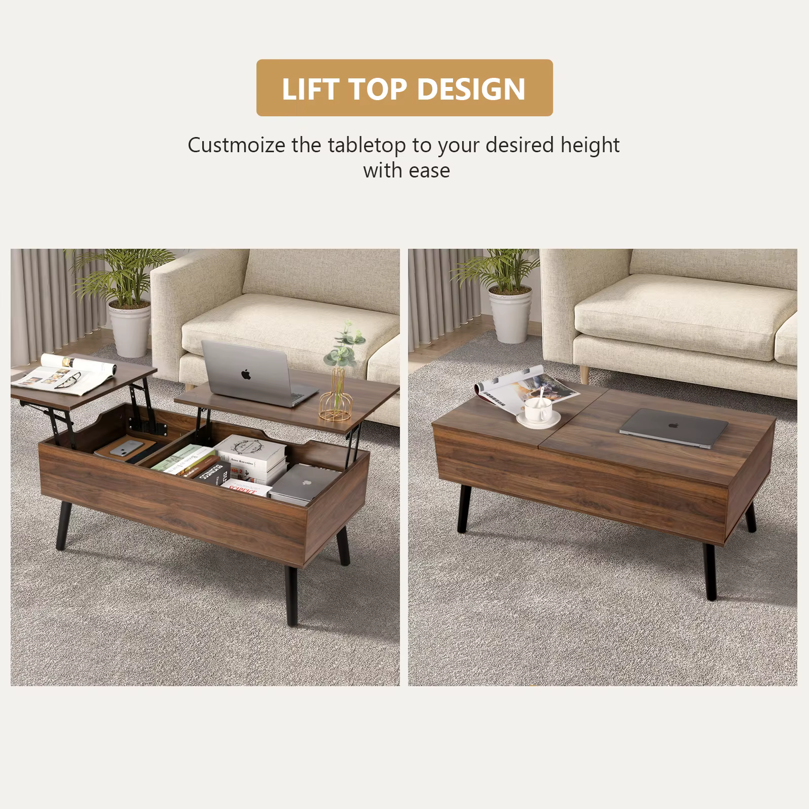 VOWNER-Table Basse artificiel évatrice avec Compartiment de Rangement Mathié et Caché, Plateau de Ta