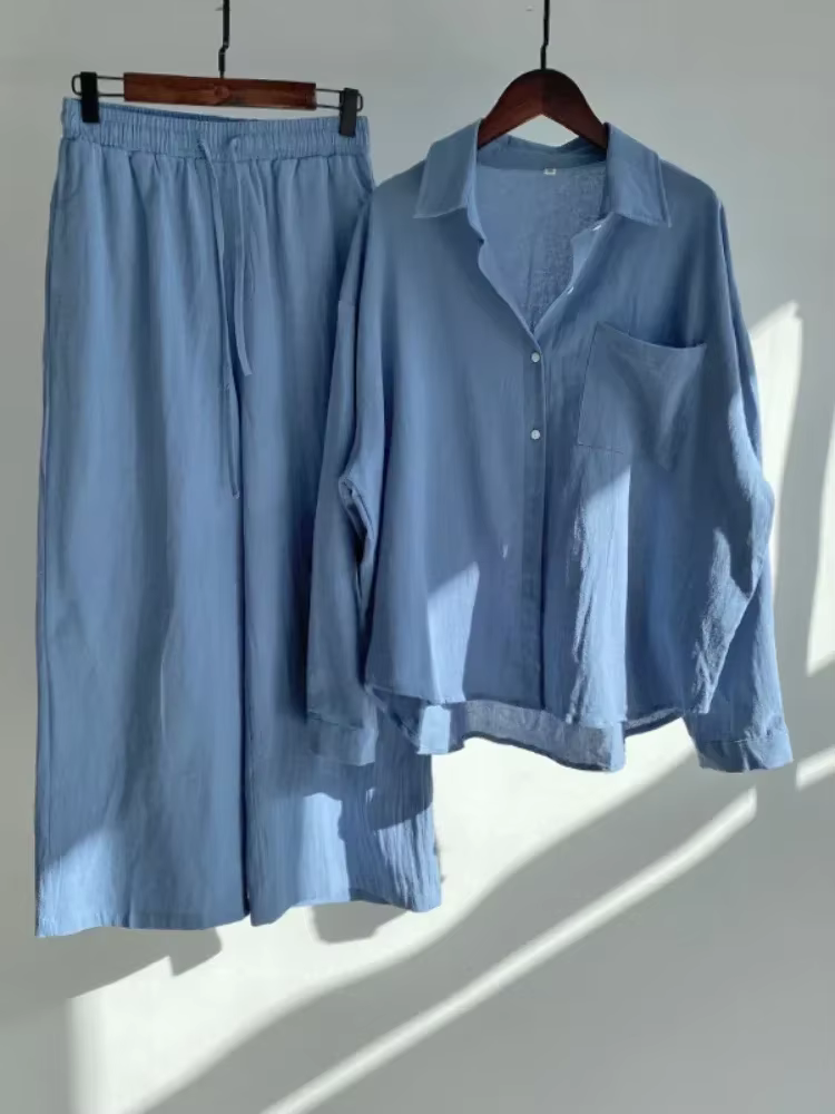 Costume chemise en coton et lin pour femmes, nouvelle tendance, taille haute, pantalon ample, ensemb