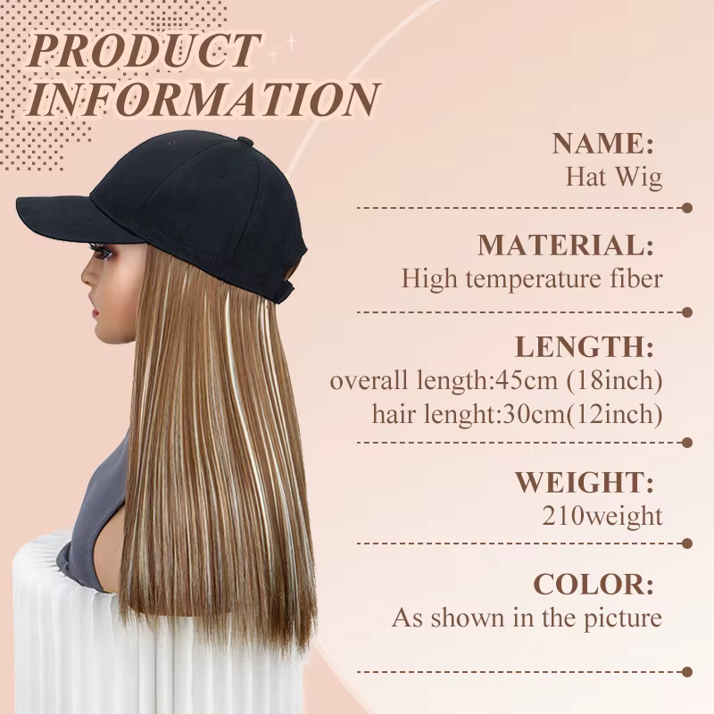 Perruque de chapeau synthétique avec cheveux noirs longs et lisses, Extension capillaire, Design tou