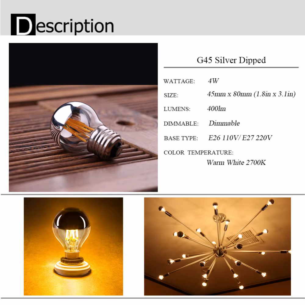 Ampoule Vintage à Intensité Réglable, Suspension à Filament Décoratif, Half Chrome, 4W, 2700K, 220V,