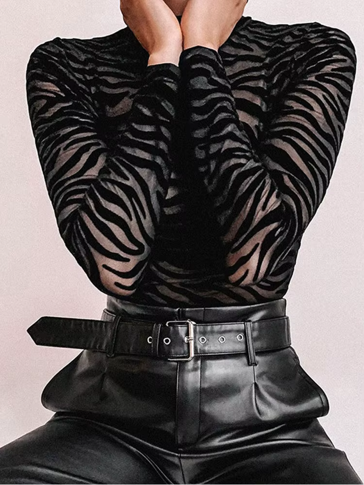 Body Sexy en maille noire transparente, manches longues, Slim, à rayures, col montant, barboteuse dé
