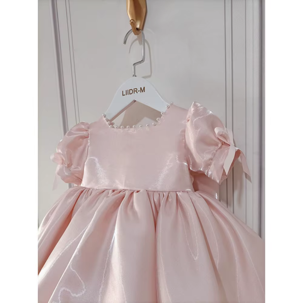 Robes pour enfants à manches bouffantes et perles roses, avec nœud, vêtements de spectacle de danse,