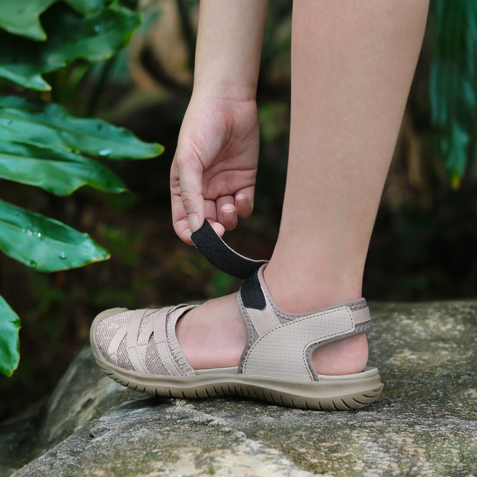 GRITION femmes sandales chaussures de plein air décontractées bout fermé talons plats tissu élastiqu