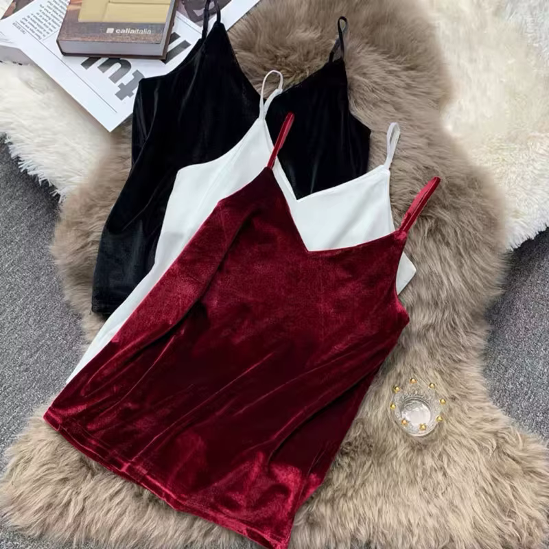 Blusa mujer moda mode sexy femmes velours débardeur haut court été coréen streetwear or velours cami