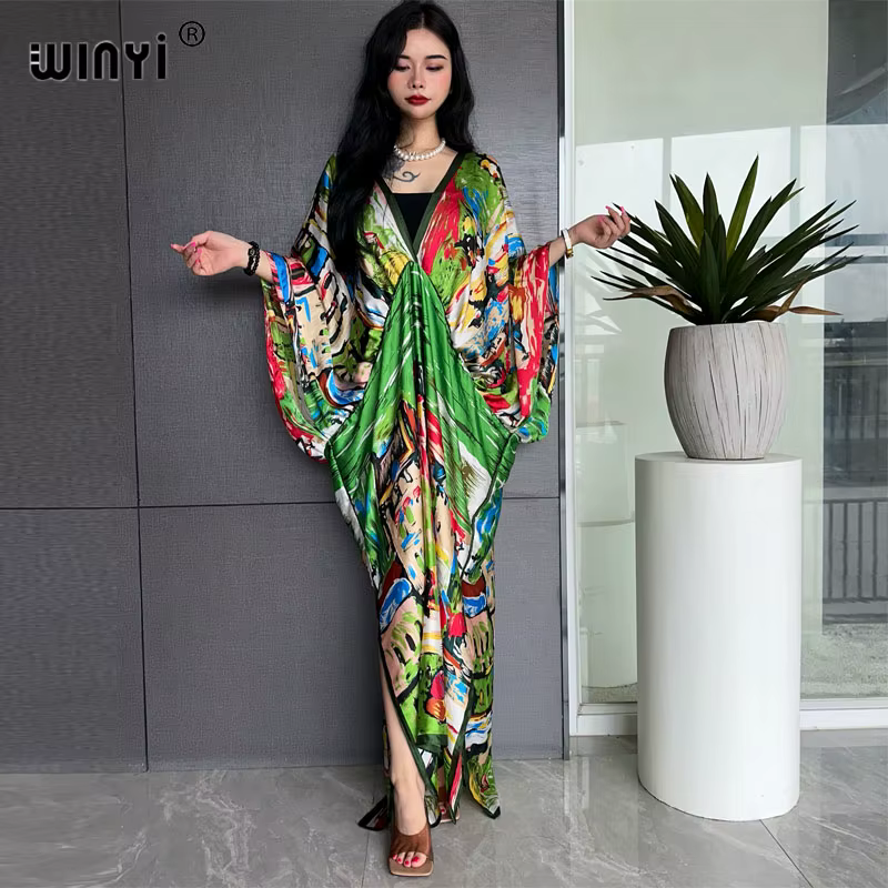 WINYI-Robe longue à col en V pour femme, robe de plage sexy, sensation de soie, mode bohème, robe de
