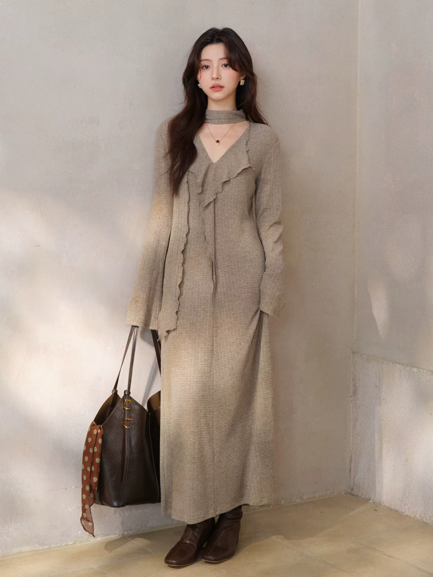 Robe française élégante en tricot, col en v, manches longues, élastique, Maxi, Design asymétrique, r