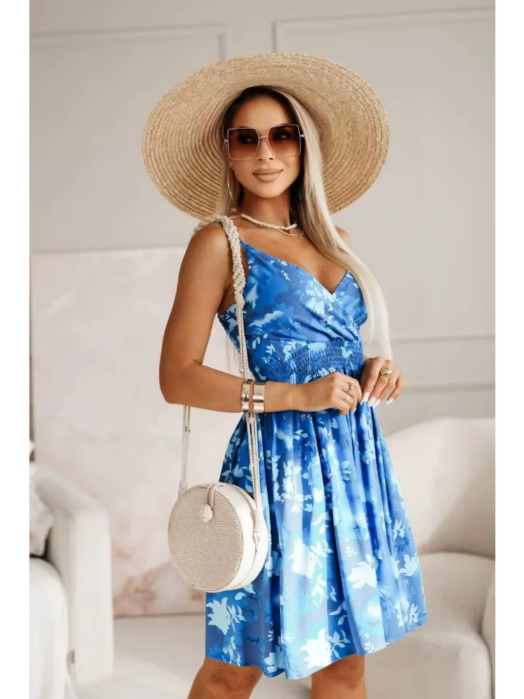 Robe d'été plissée ronde pour femmes, nouvelle mode, imprimé floral, sexy, bretelles spaghetti, robe