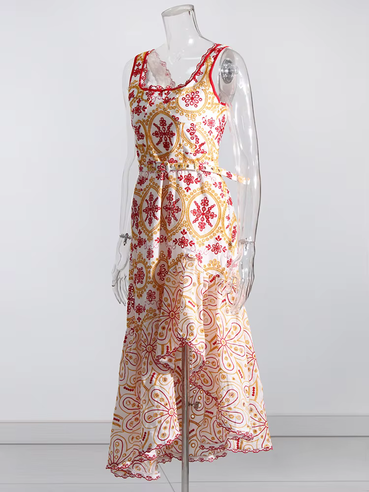 TWOTWurea-Robe brodée YLE pour femme, col carré, taille haute, dos nu, imprimé, mode féminine, nouve