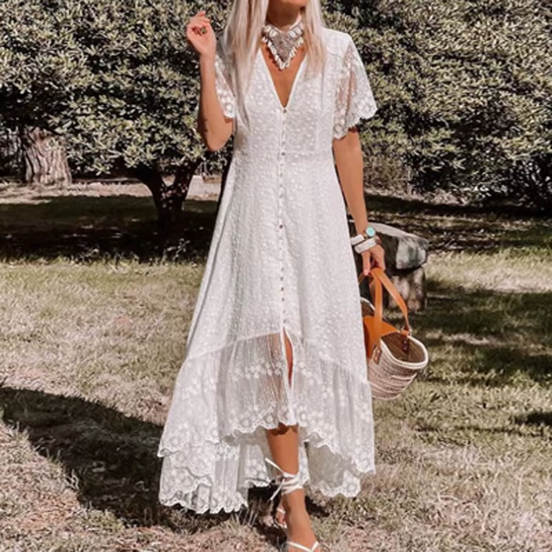 Robe irrégulière en dentelle pour femmes, élégante, Patchwork, mode d'été, blanche, col en v, bouton