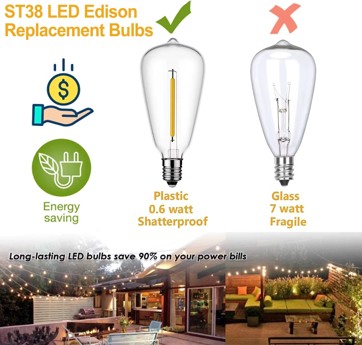 Ampoules incassables décoratives à LED ST38 vintage, ampoules de rechange en plastique E12, 1W, 7W,