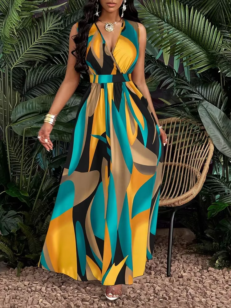 Robe femme sans manches, col en V, longueur au sol, avec imprimés abstraits, à la mode pour la plage