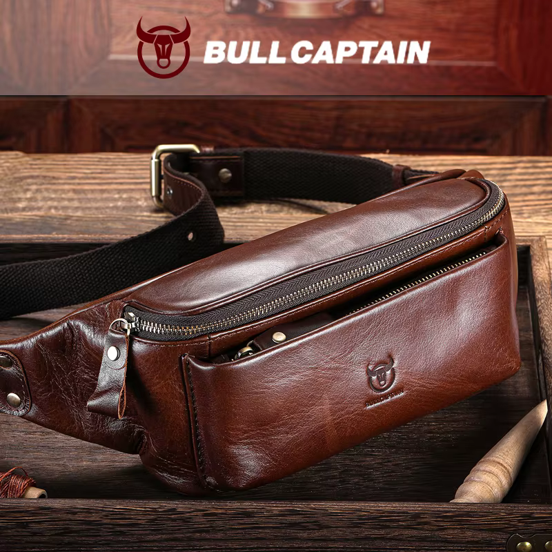 BULLCAPTAIN sac de taille en cuir véritable pour hommes sac d'alpinisme rétro décontracté multifonct