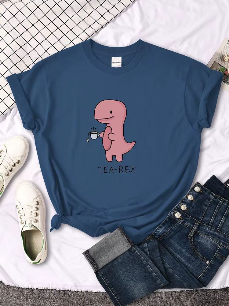 T-shirt imprimé Tea-Rex rose mignon pour femme, col rond, chemise surdimensionnée adt, Harajuku, tou